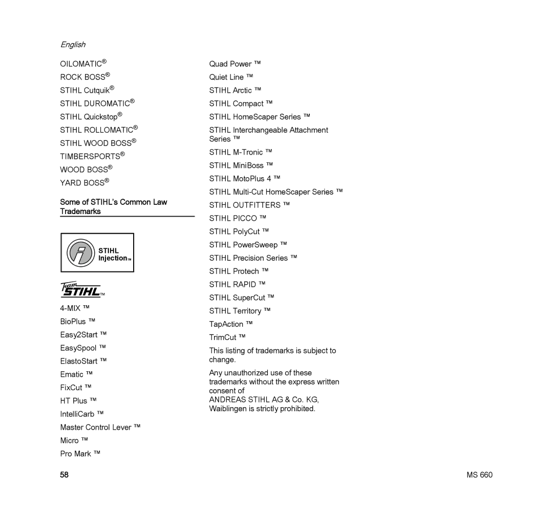 STIHL MS 660 MAGNUM manual Some of STIHL’s Common Law Trademarks 