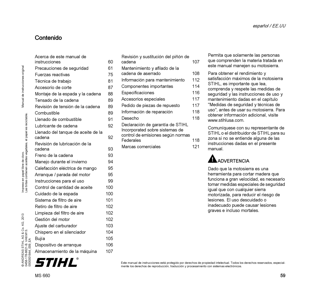 STIHL MS 660 MAGNUM manual Contenido, Advertencia 