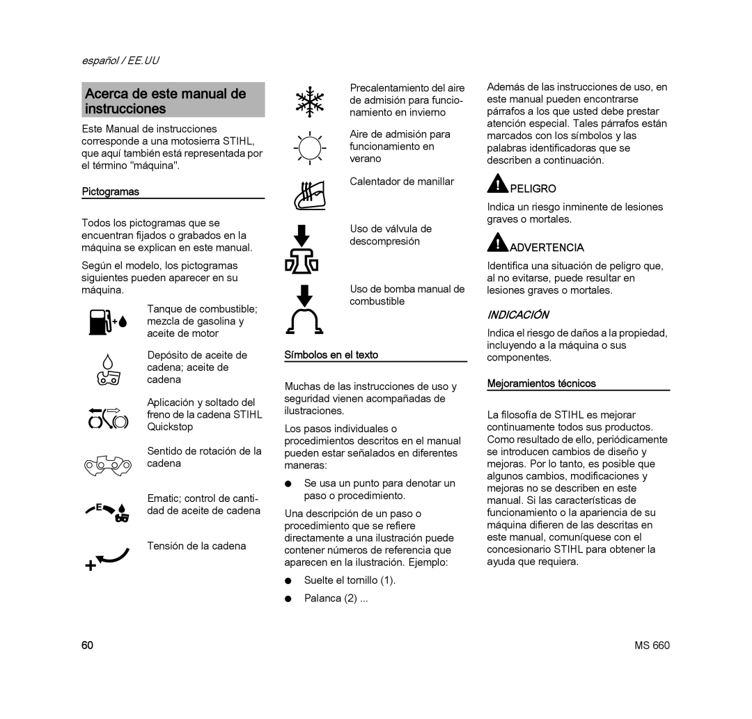 STIHL MS 660 MAGNUM Acerca de este manual de instrucciones, Pictogramas, Símbolos en el texto, Mejoramientos técnicos 