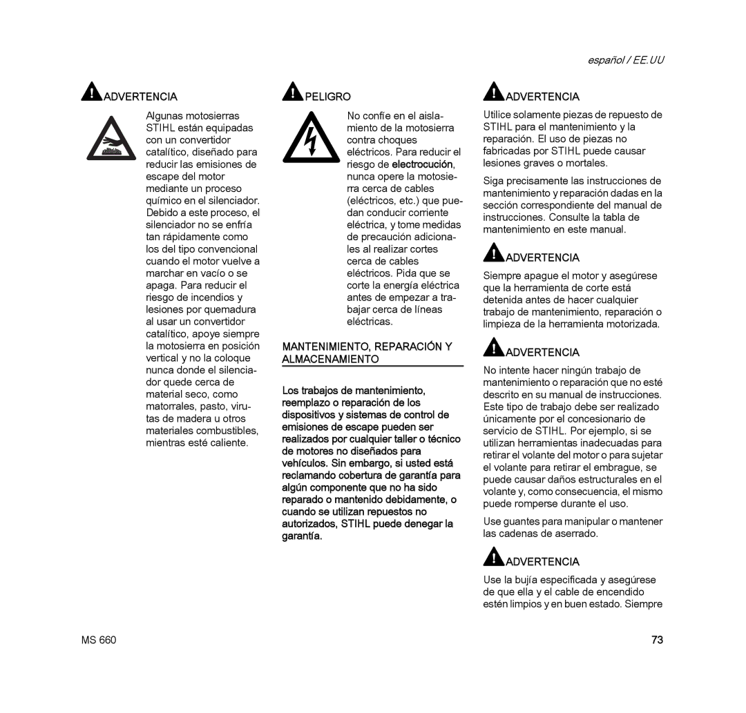 STIHL MS 660 MAGNUM manual MANTENIMIENTO, Reparación Y Almacenamiento 