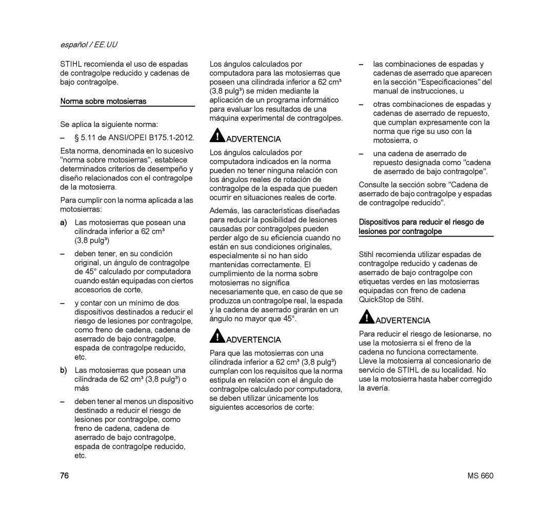 STIHL MS 660 MAGNUM manual Norma sobre motosierras 