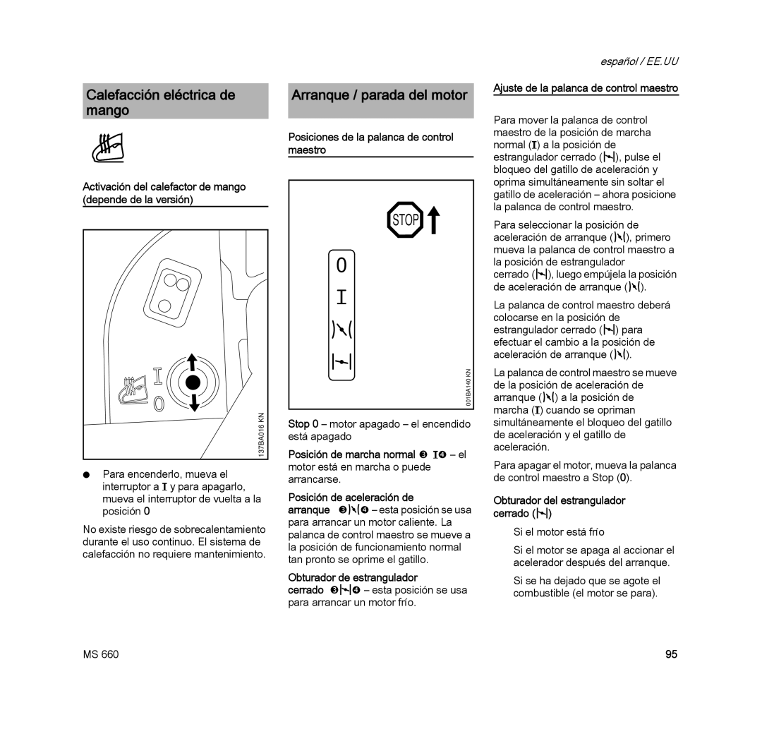 STIHL MS 660 MAGNUM Calefacción eléctrica de, Mango, Ajuste de la palanca de control maestro, Obturador de estrangulador 