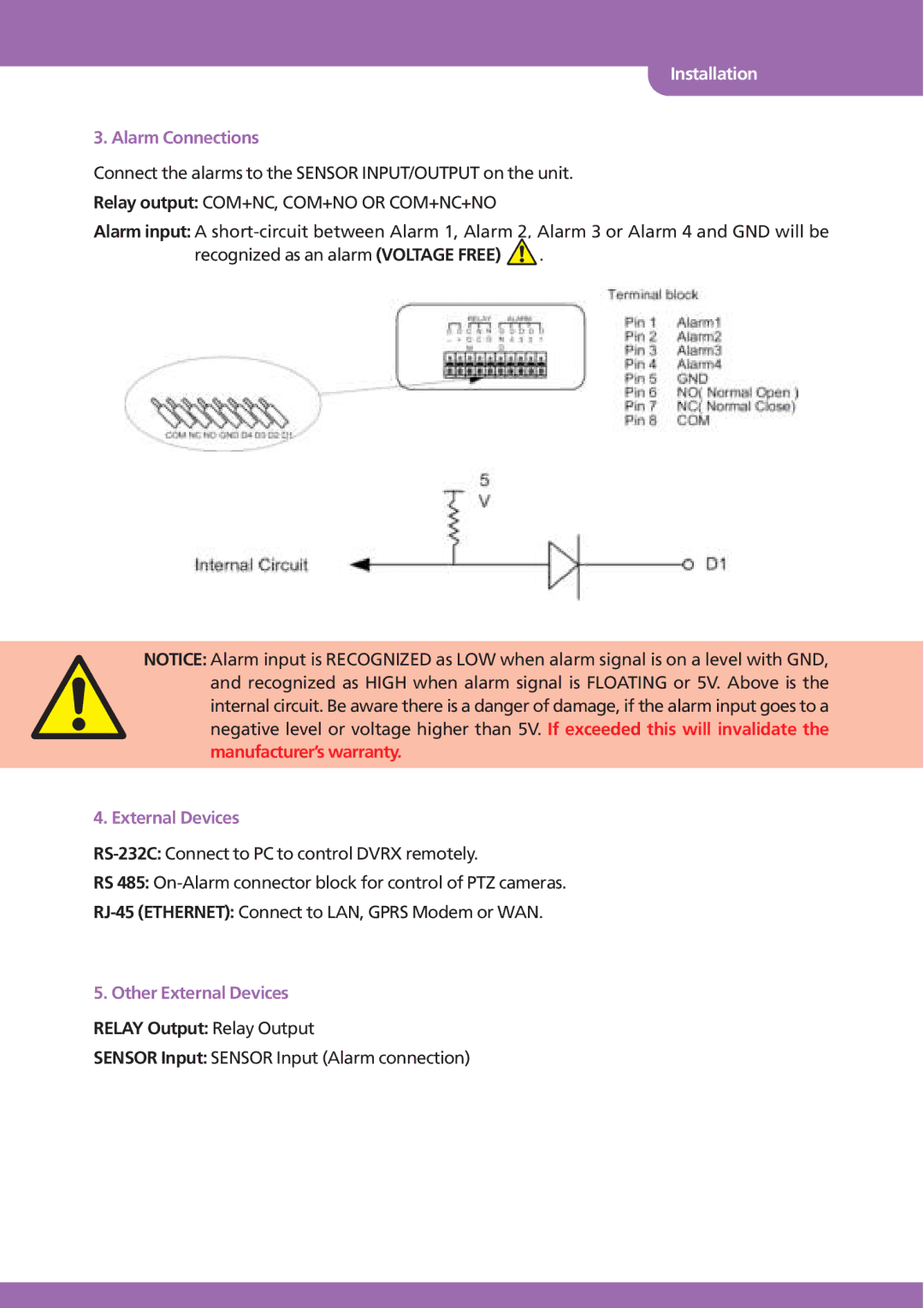 Stinger JPEG 2000 user manual Alarm Connections, Other External Devices, Relay Output Relay Output 