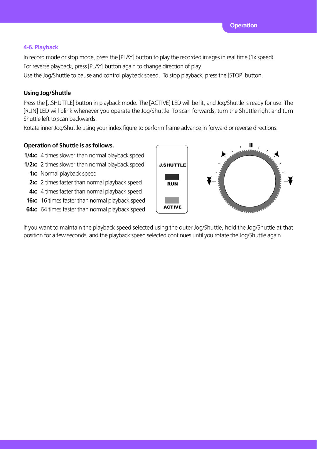 Stinger JPEG 2000 user manual Playback, Using Jog/Shuttle, Operation of Shuttle is as follows 