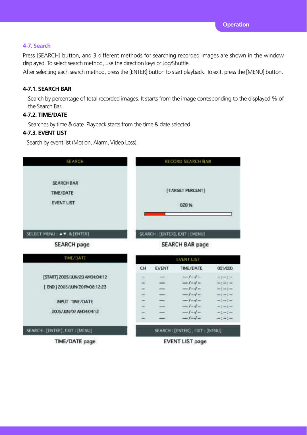 Stinger JPEG 2000 user manual Search, Time/Date 