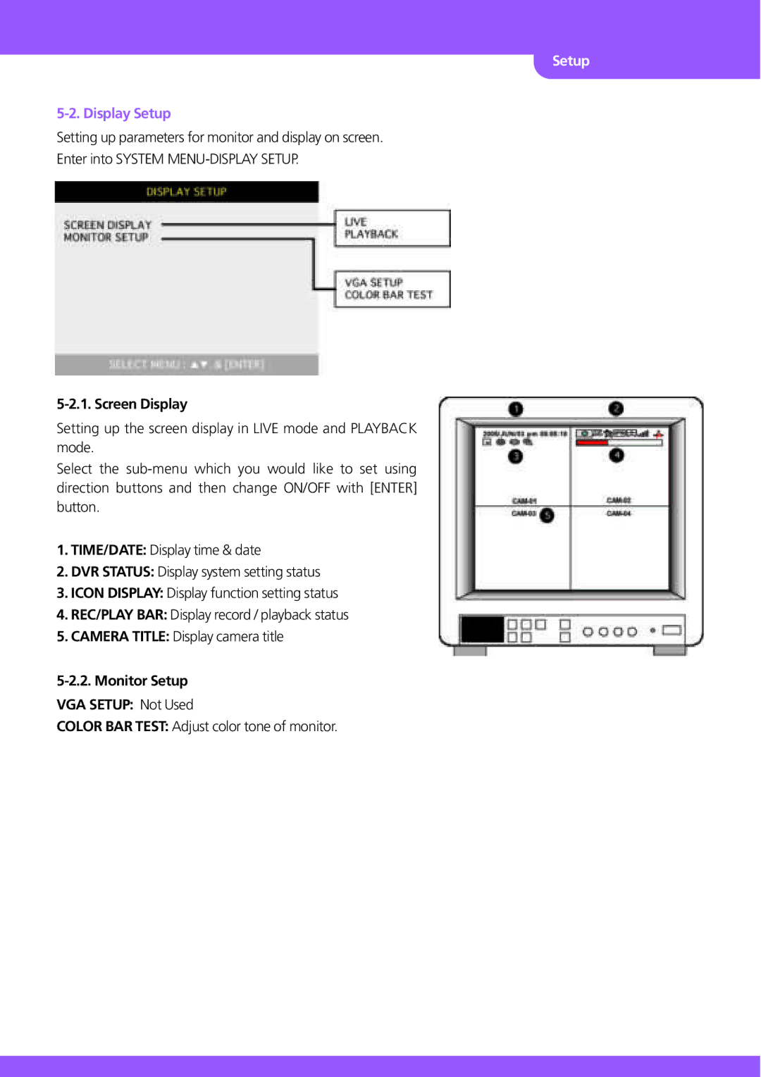 Stinger JPEG 2000 user manual Display Setup, Screen Display, Monitor Setup VGA Setup Not Used 