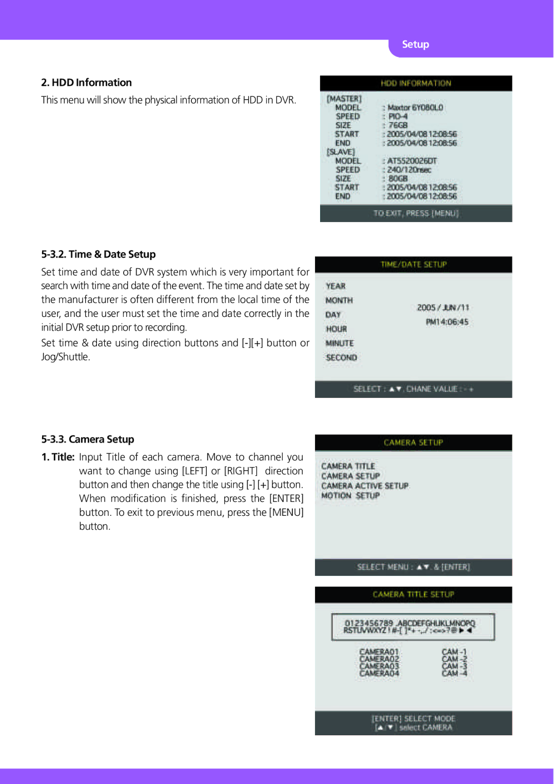 Stinger JPEG 2000 user manual HDD Information, Time & Date Setup, Camera Setup 