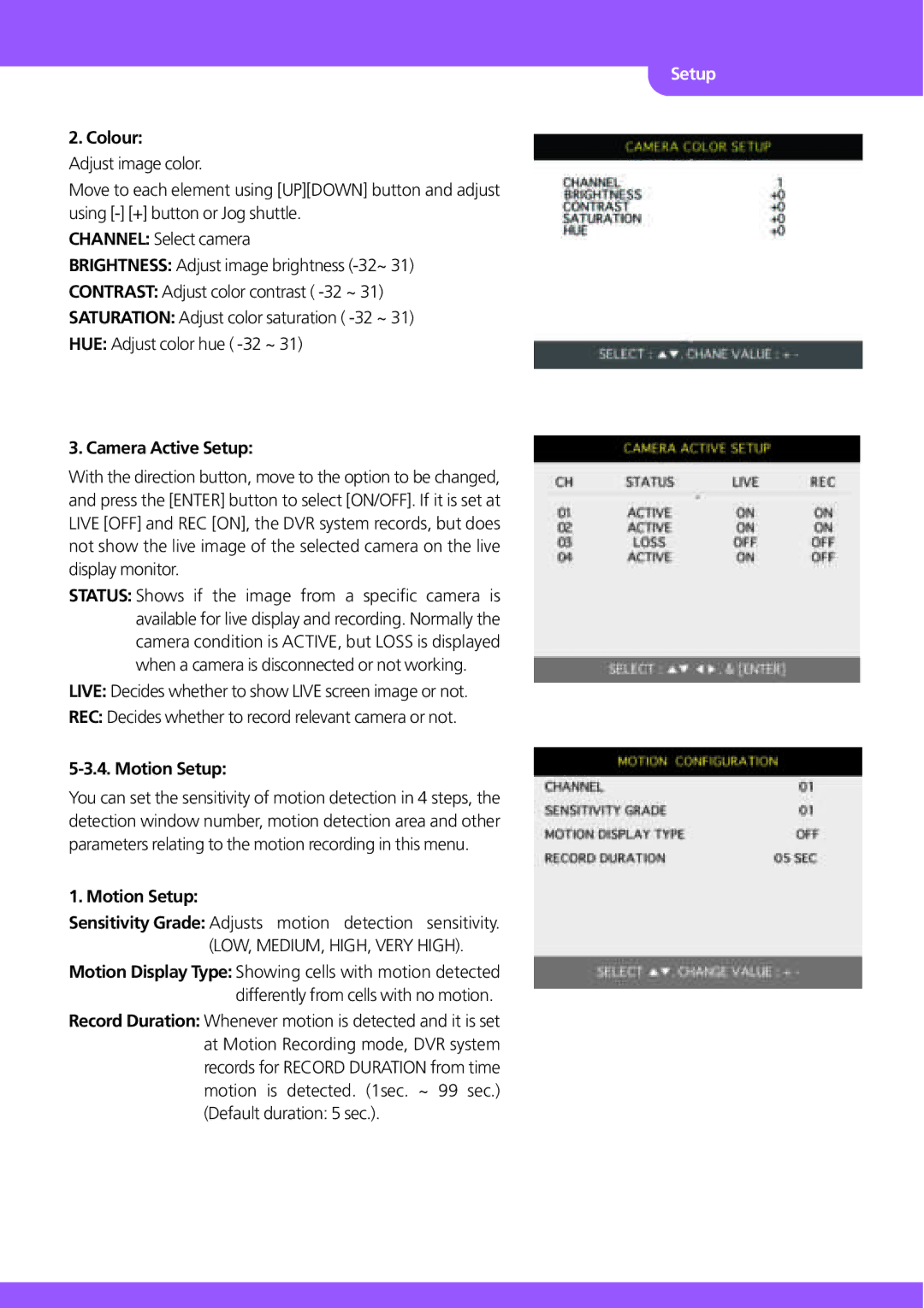 Stinger JPEG 2000 user manual Colour, Camera Active Setup, Motion Setup 