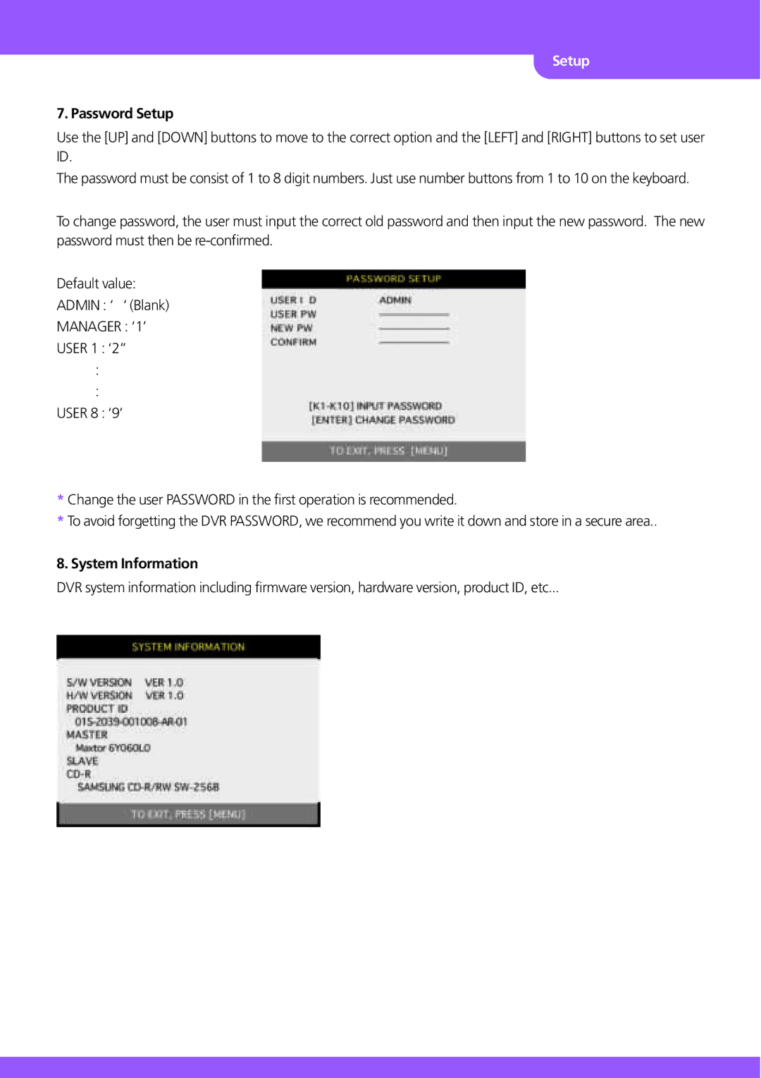 Stinger JPEG 2000 user manual Password Setup, System Information 