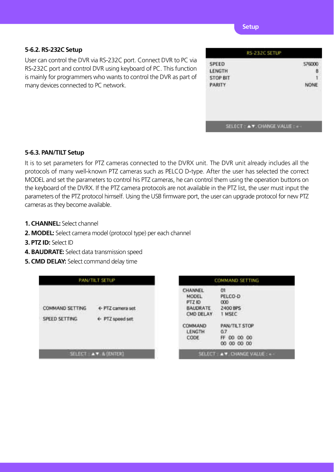 Stinger JPEG 2000 user manual RS-232C Setup, PAN/TILT Setup 