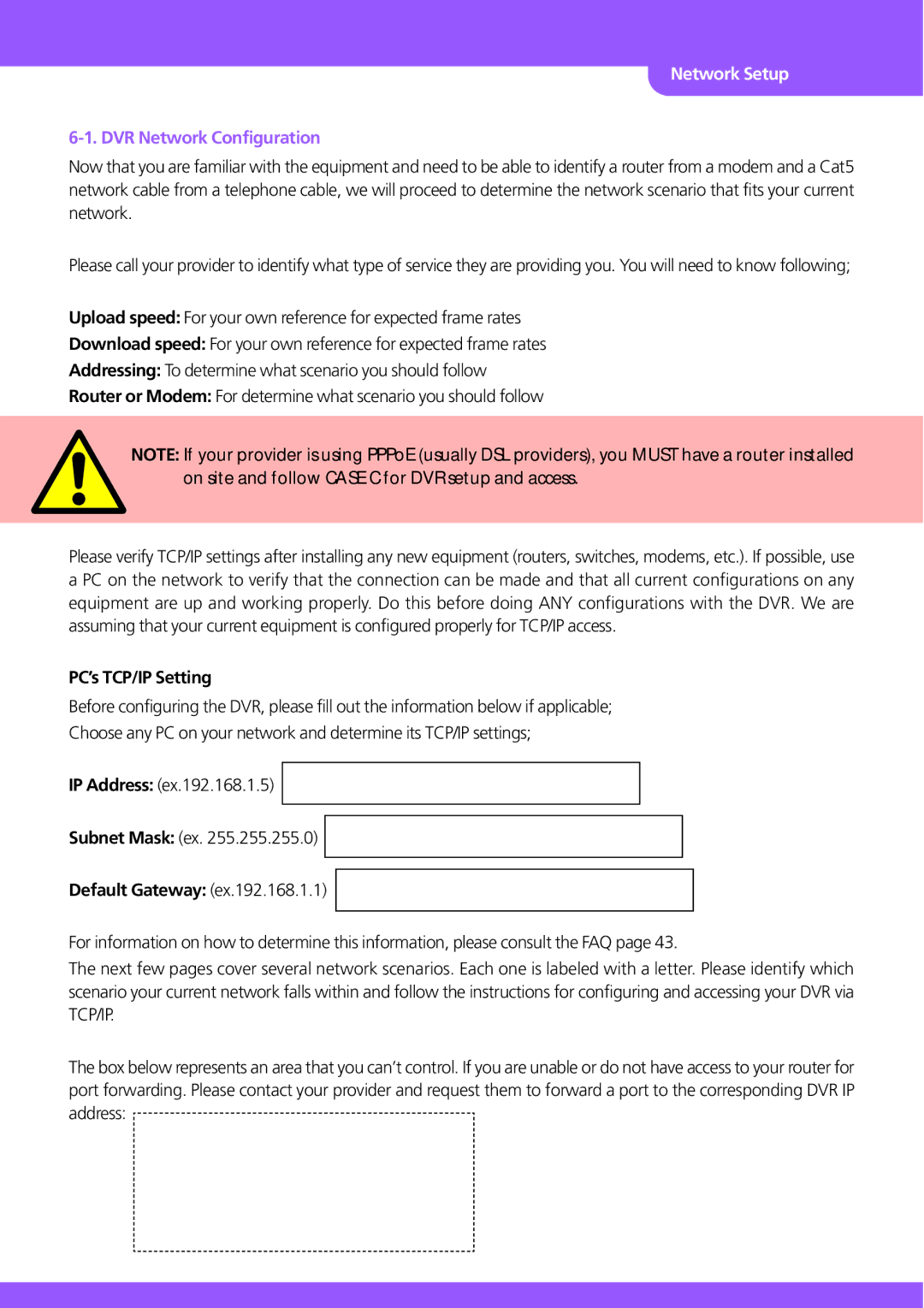 Stinger JPEG 2000 user manual DVR Network Configuration, PC’s TCP/IP Setting, Default Gateway ex.192.168.1.1 