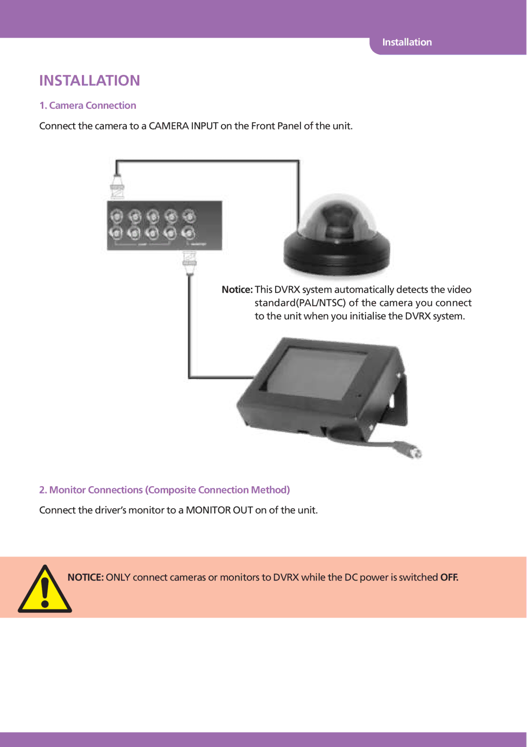 Stinger JPEG 2000 user manual Installation, Camera Connection, Monitor Connections Composite Connection Method 