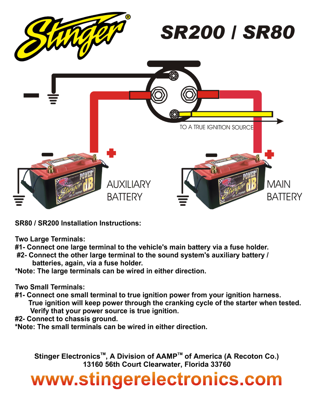 Stinger SR80, SR200 installation instructions Auxiliarymain Batterybattery 