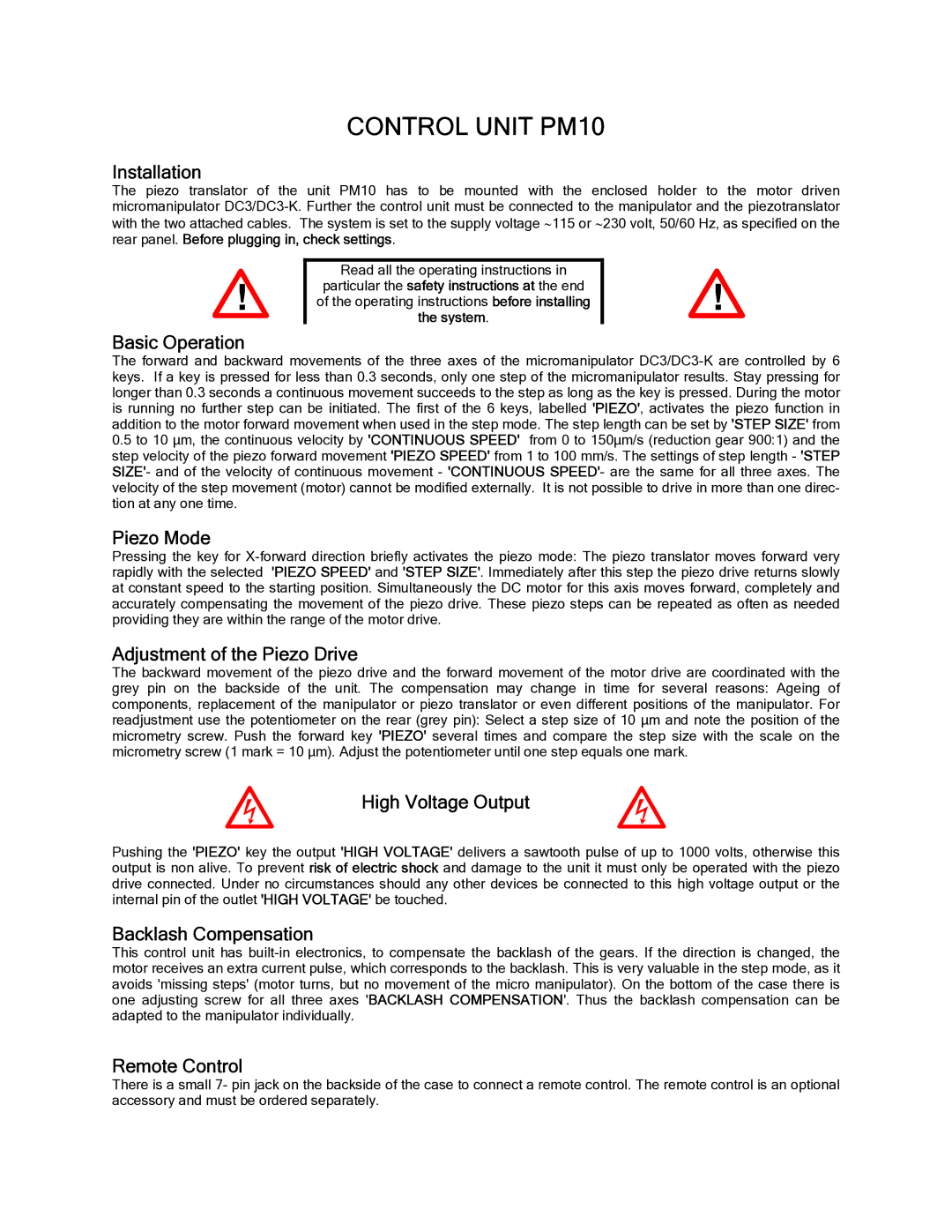 Stoelting 51447 Installation, Basic Operation, Piezo Mode, Adjustment of the Piezo Drive, High Voltage Output 