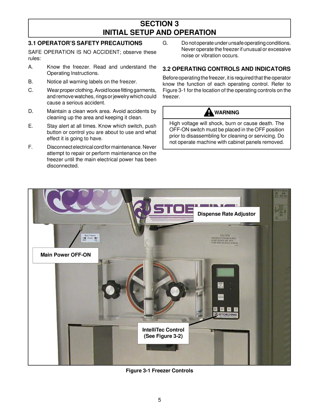 Stoelting O111 Section Initial Setup and Operation, OPERATOR’S Safety Precautions, Operating Controls and Indicators 