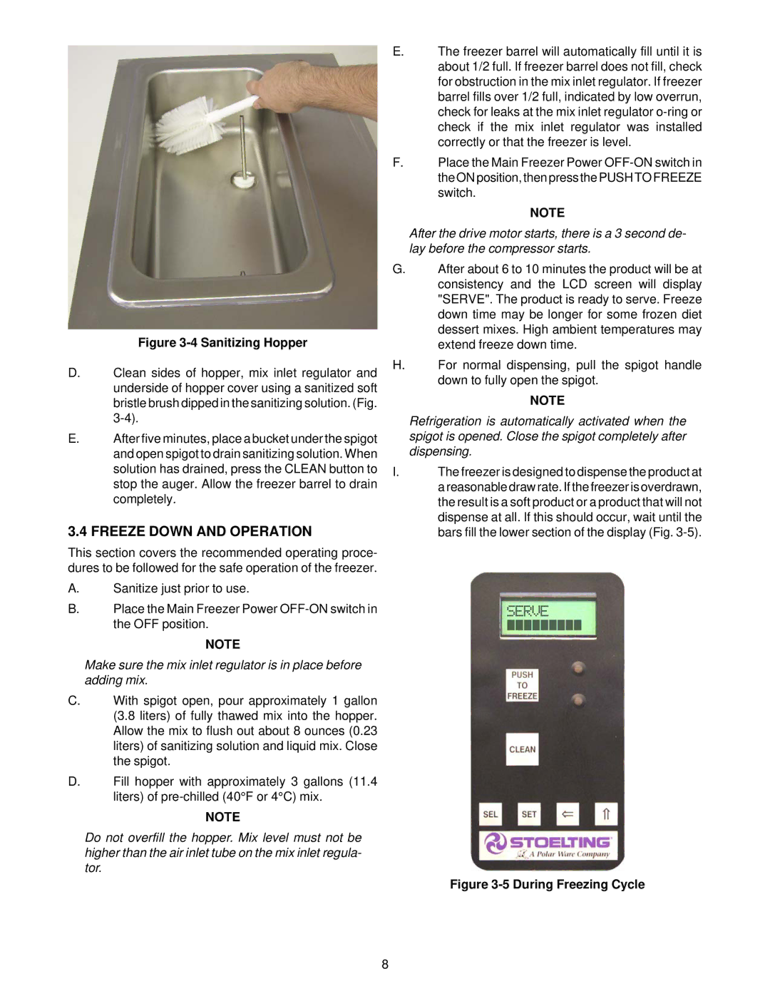 Stoelting O111 owner manual Freeze Down and Operation, Sanitizing Hopper 