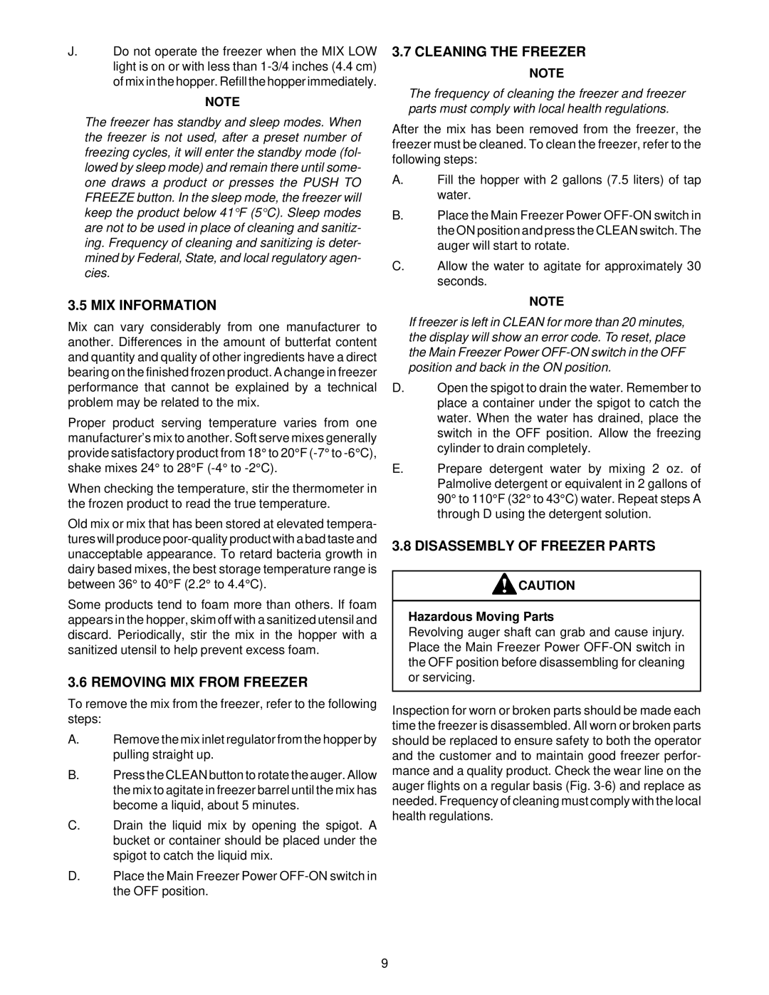 Stoelting O111 owner manual MIX Information, Removing MIX from Freezer, Cleaning the Freezer, Disassembly of Freezer Parts 