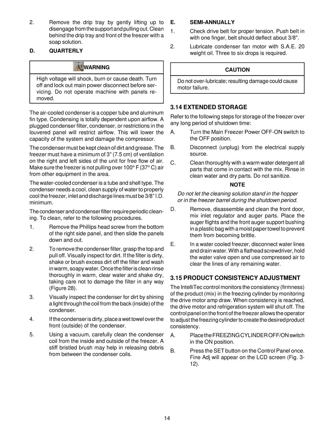 Stoelting O111 owner manual Extended Storage, Product Consistency Adjustment, Quarterly, Semi-Annually 