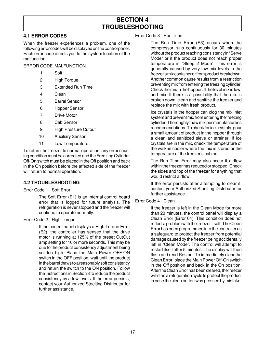 Stoelting O111 owner manual Section Troubleshooting, Error Codes, Error Code Malfunction 