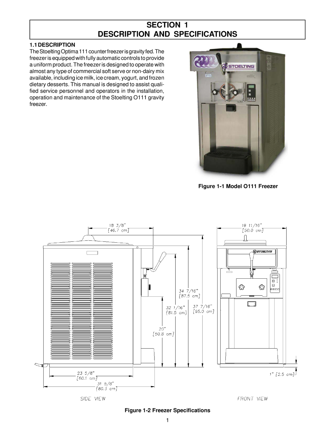 Stoelting O111 owner manual Section Description and Specifications 