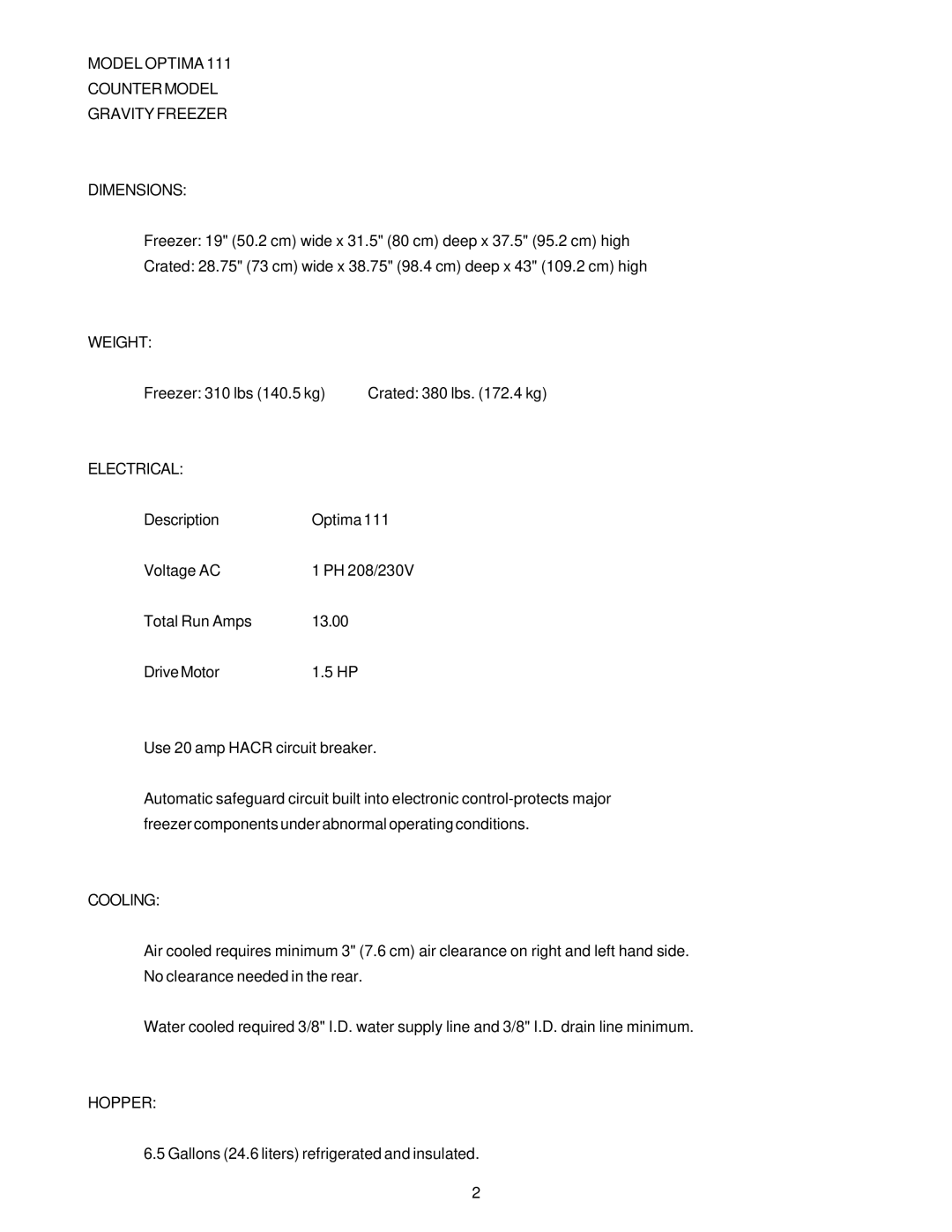 Stoelting O111 owner manual Model Optima Countermodel Gravity Freezer Dimensions, Weight, Electrical, Cooling, Hopper 