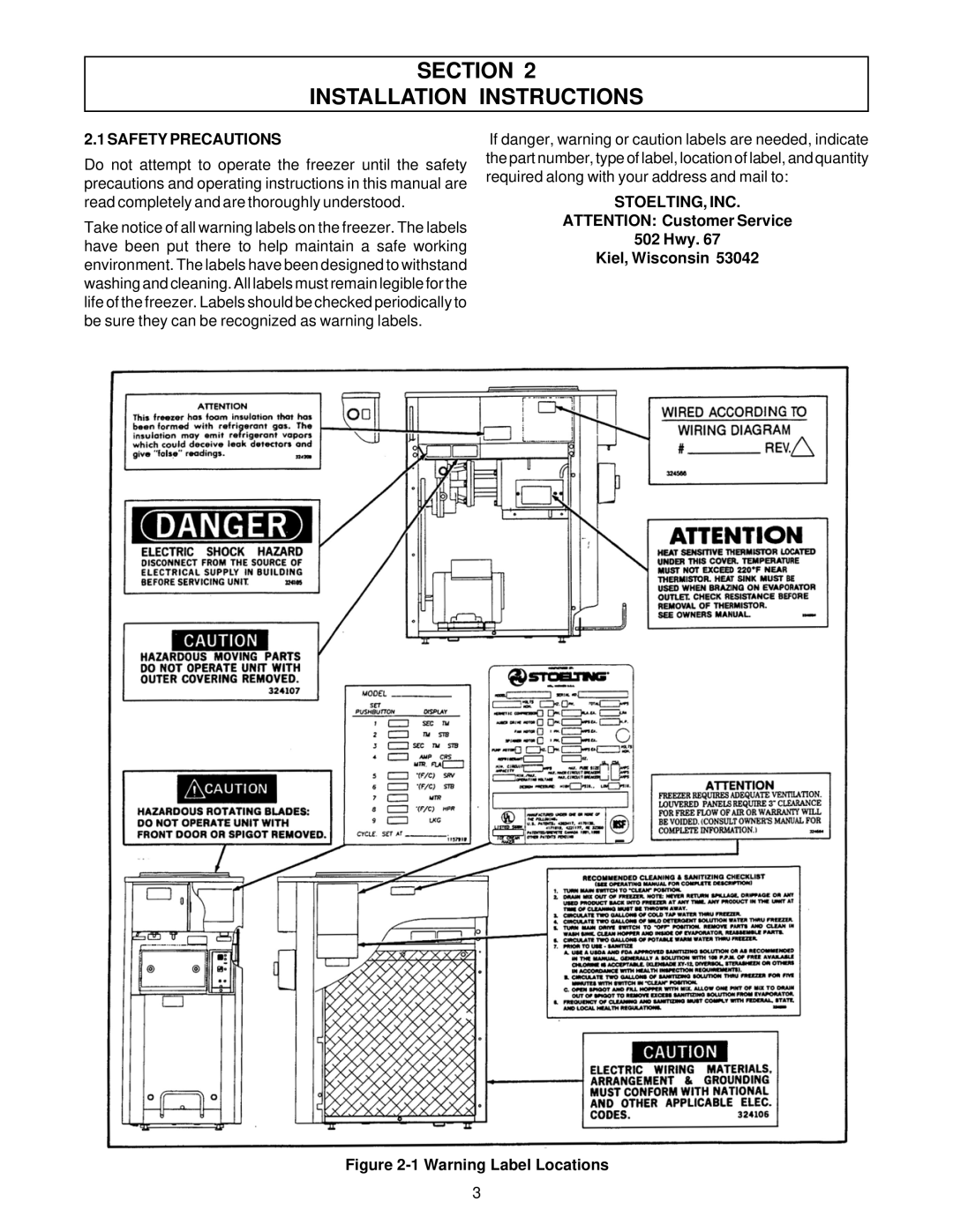 Stoelting O111 owner manual Section Installation Instructions, Safety Precautions, Stoelting, Inc, Hwy Kiel, Wisconsin 