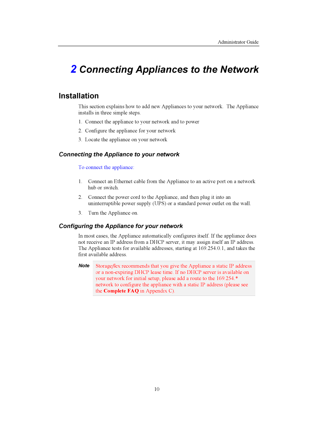 Storageflex 3945N manual Installation, Connecting the Appliance to your network, Configuring the Appliance for your network 