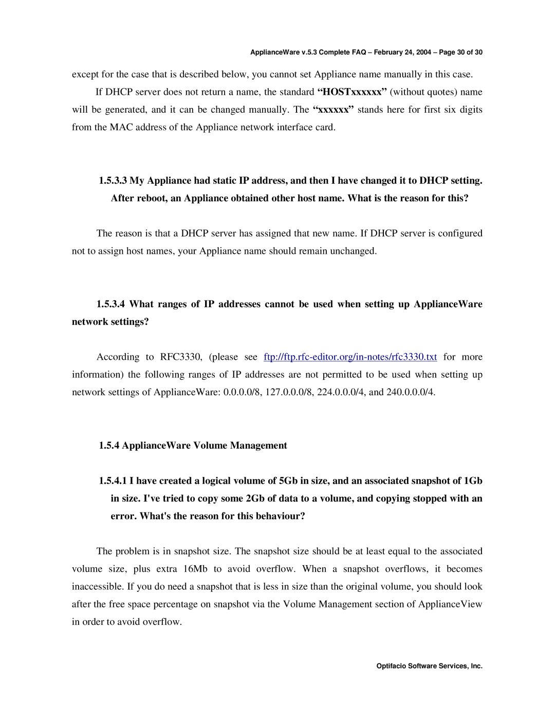 Storageflex 3945N manual ApplianceWare v.5.3 Complete FAQ February 24, 2004 Page 30 