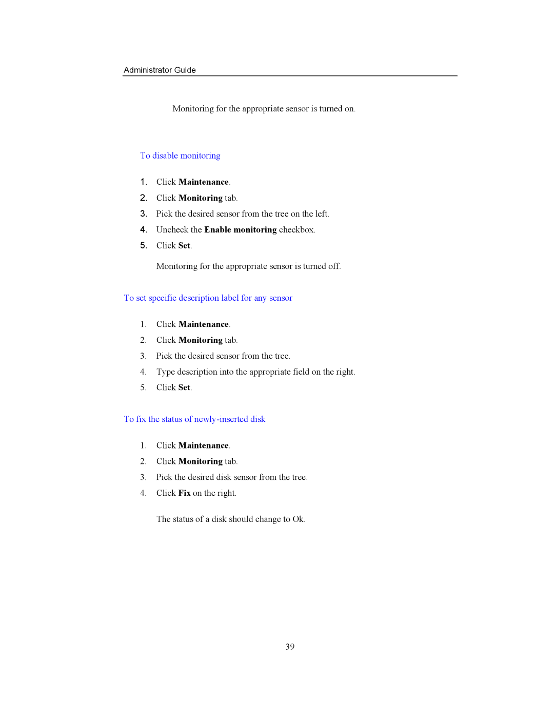 Storageflex 3945N manual To disable monitoring, To set specific description label for any sensor 