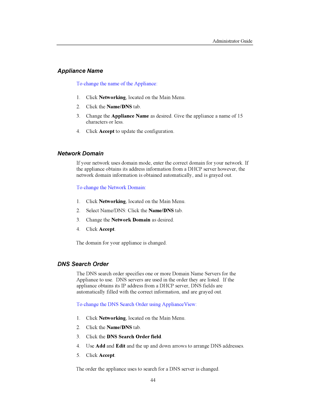 Storageflex 3945N manual Appliance Name, Network Domain, Click the DNS Search Order field 