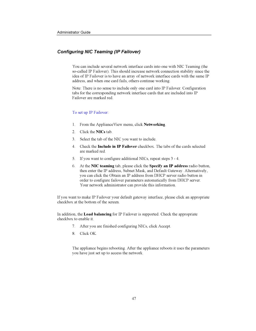 Storageflex 3945N manual Configuring NIC Teaming IP Failover, To set up IP Failover 