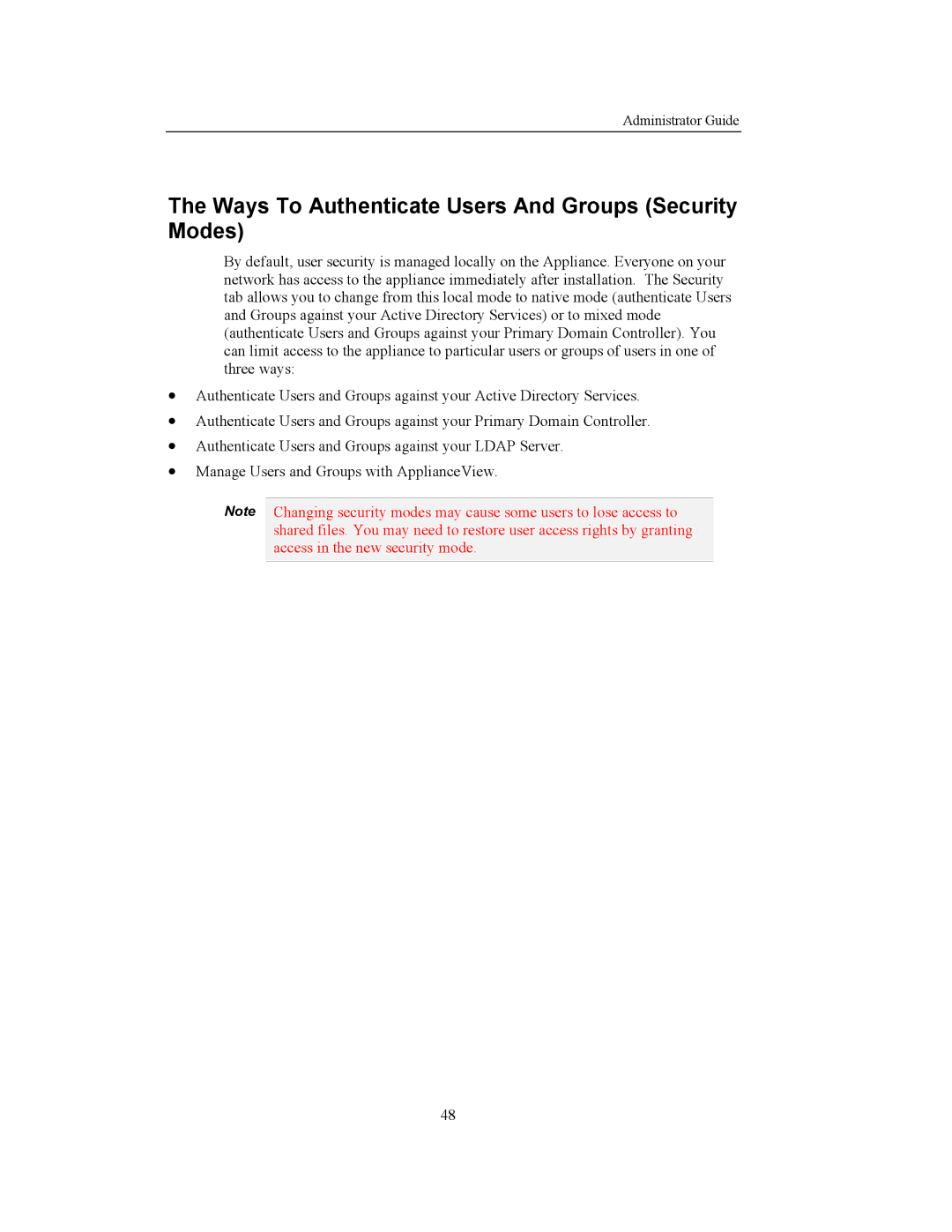 Storageflex 3945N manual Ways To Authenticate Users And Groups Security Modes 