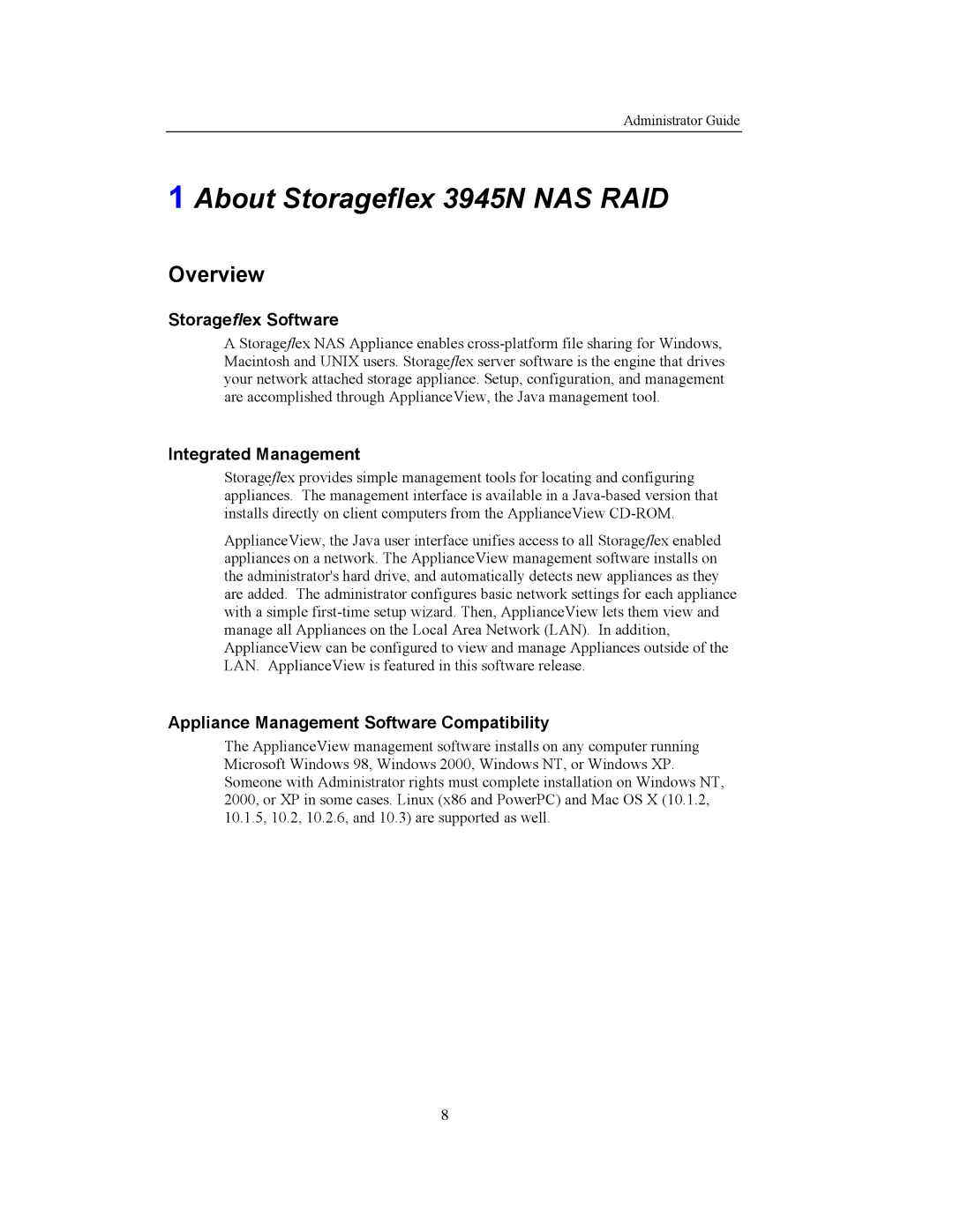 Storageflex 3945N manual Overview, Storageflex Software, Integrated Management, Appliance Management Software Compatibility 