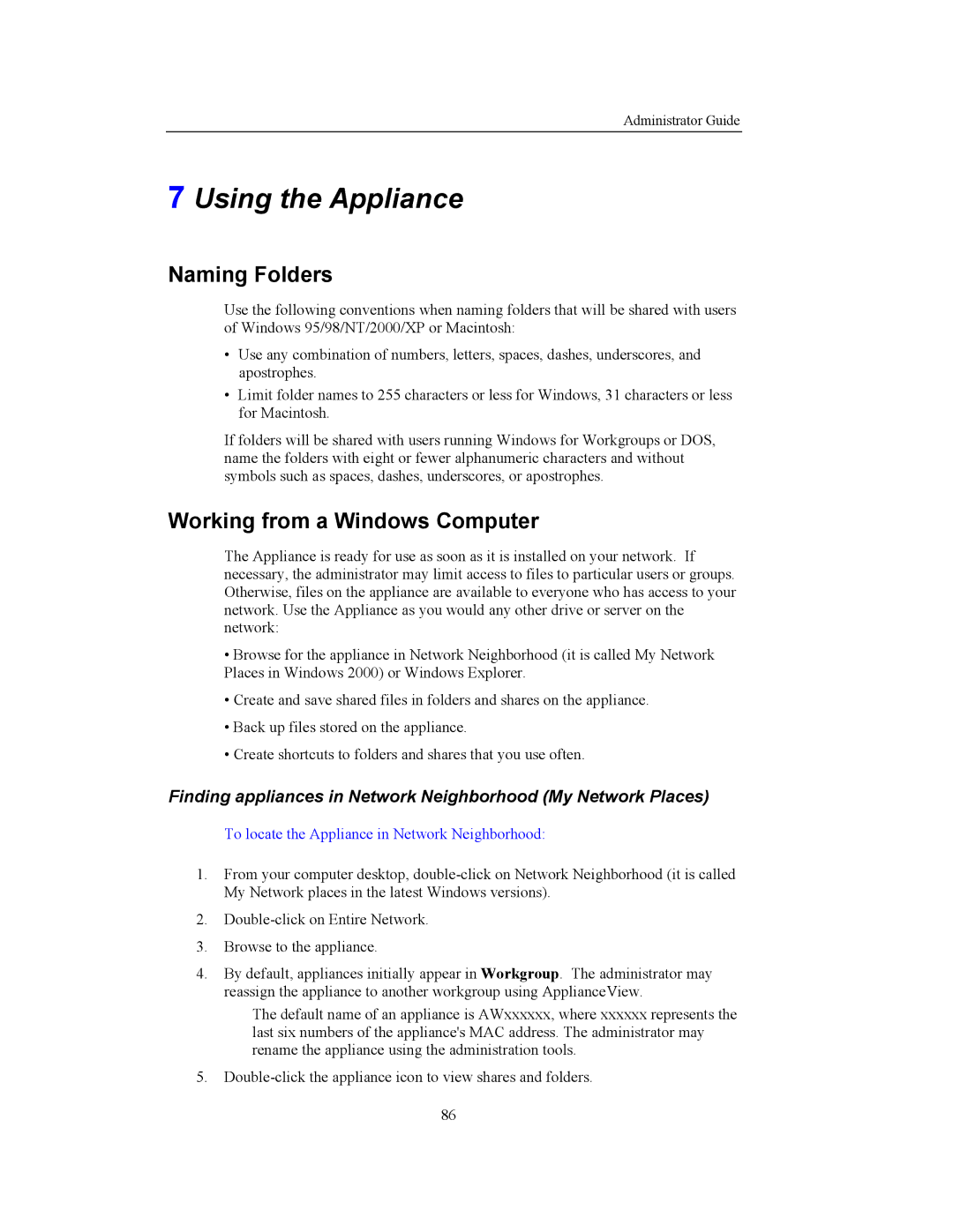 Storageflex 3945N manual Naming Folders, Working from a Windows Computer, To locate the Appliance in Network Neighborhood 