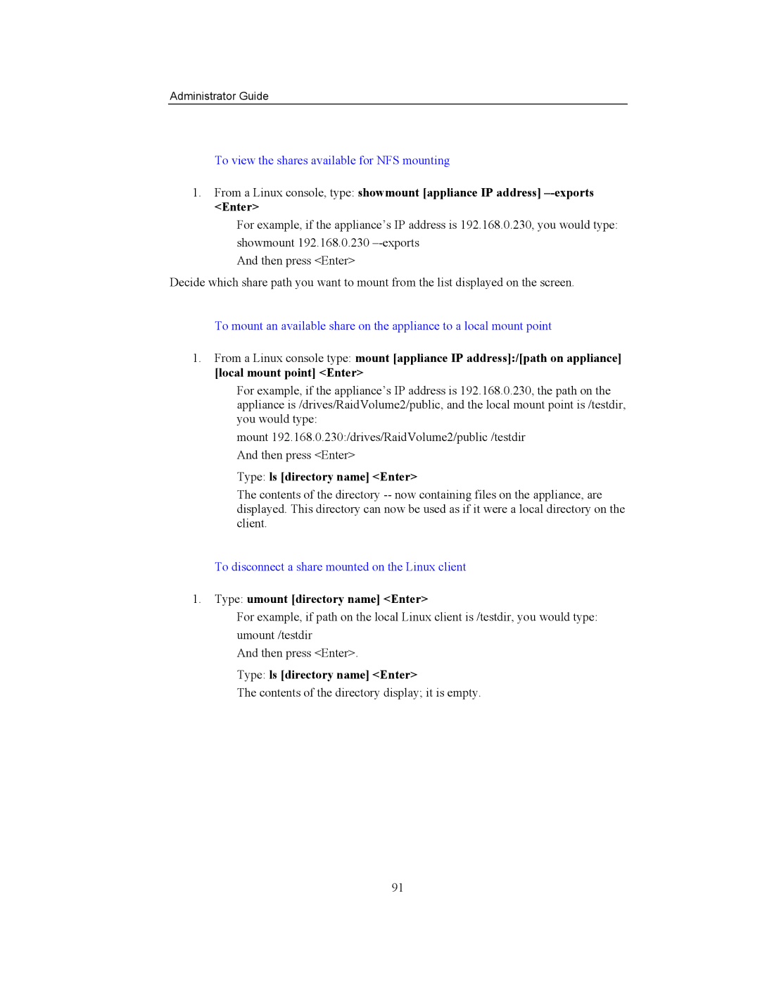 Storageflex 3945N manual To view the shares available for NFS mounting, To disconnect a share mounted on the Linux client 