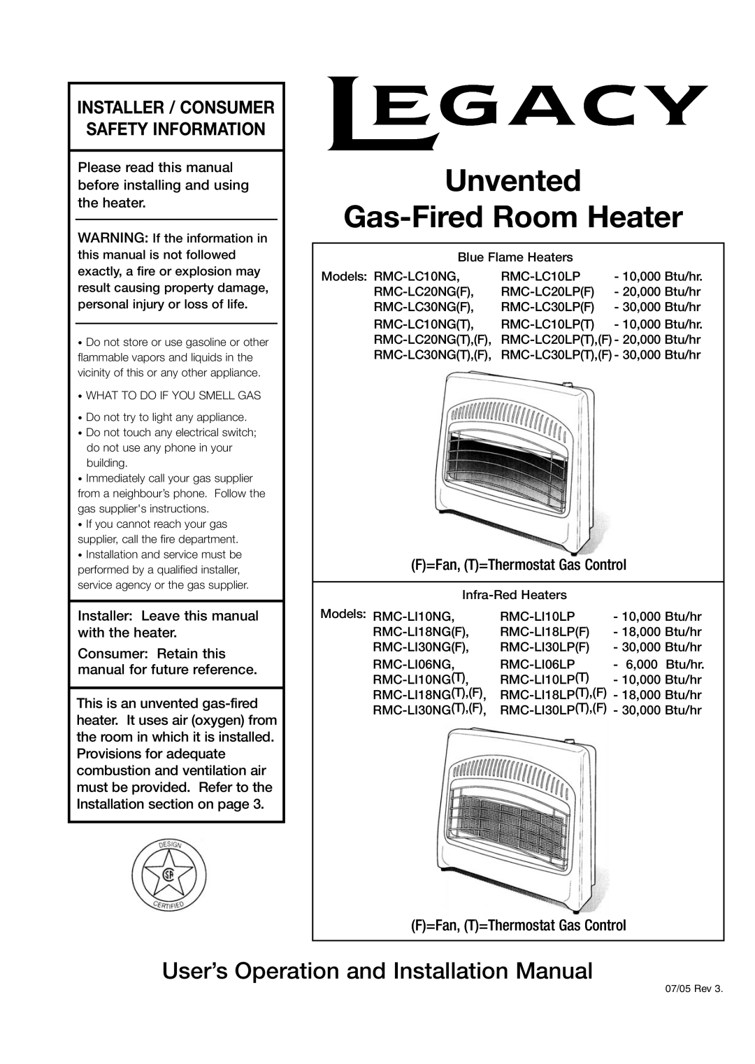 Storageflex (F) - 2 installation manual Blue Flame Heaters Models RMC-LC10NG, 10,000 Btu/hr, 20,000 Btu/hr, 30,000 Btu/hr 