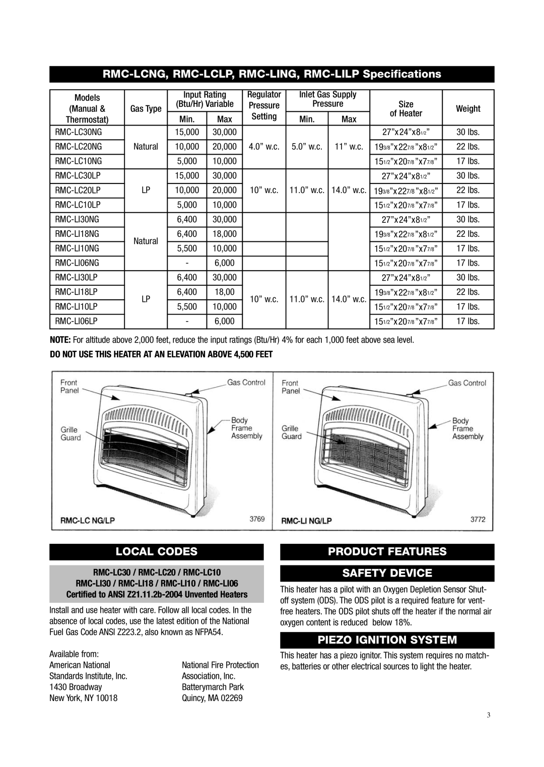 Storageflex RMC-LC20LP(T), RMC-LC10LP - 10, (F) - 2 Local Codes, Product Features Safety Device, Piezo Ignition System 