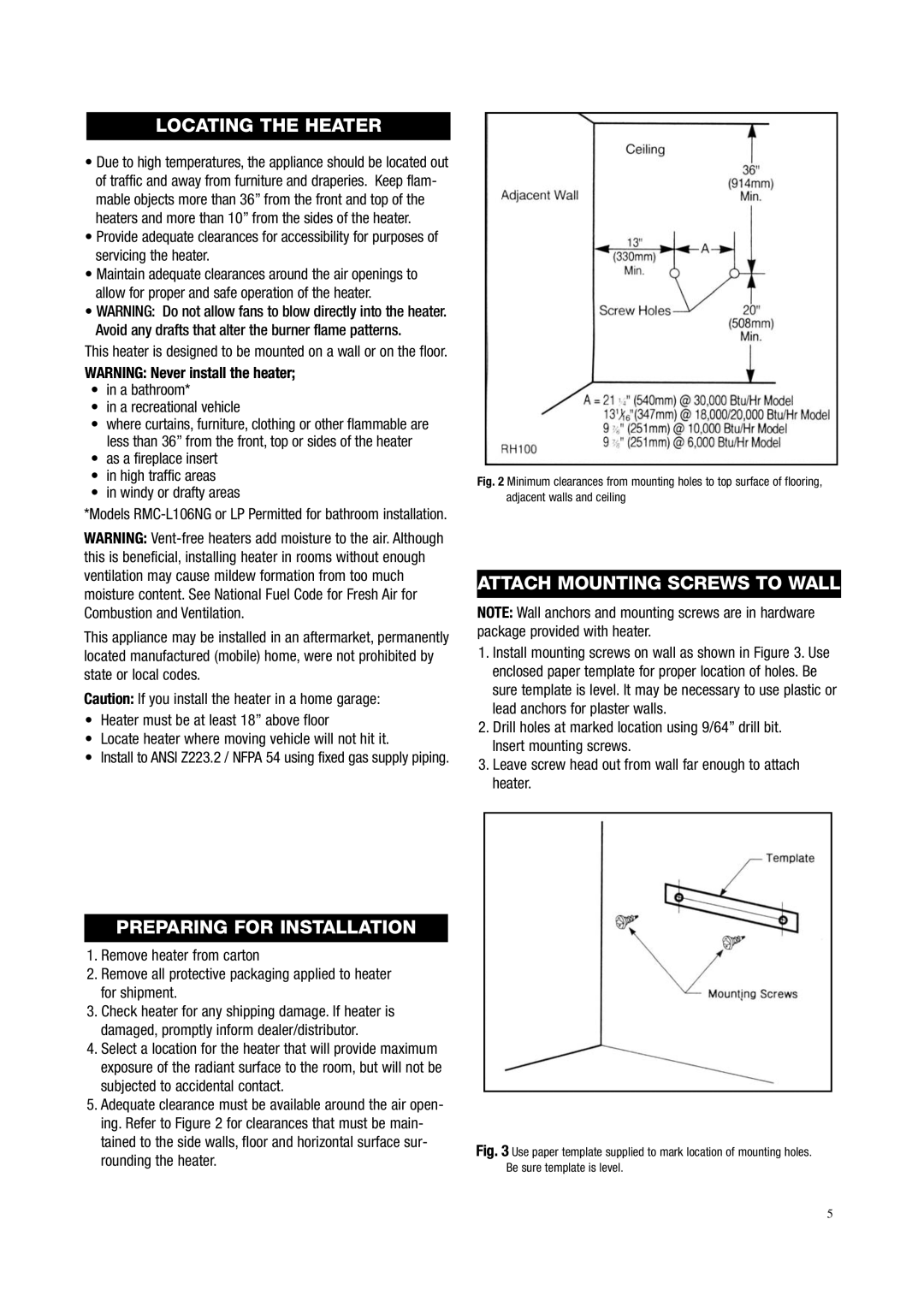 Storageflex RMC-LC10LP - 10, (F) - 2 Locating the Heater, Attach Mounting Screws to Wall, Preparing for Installation 