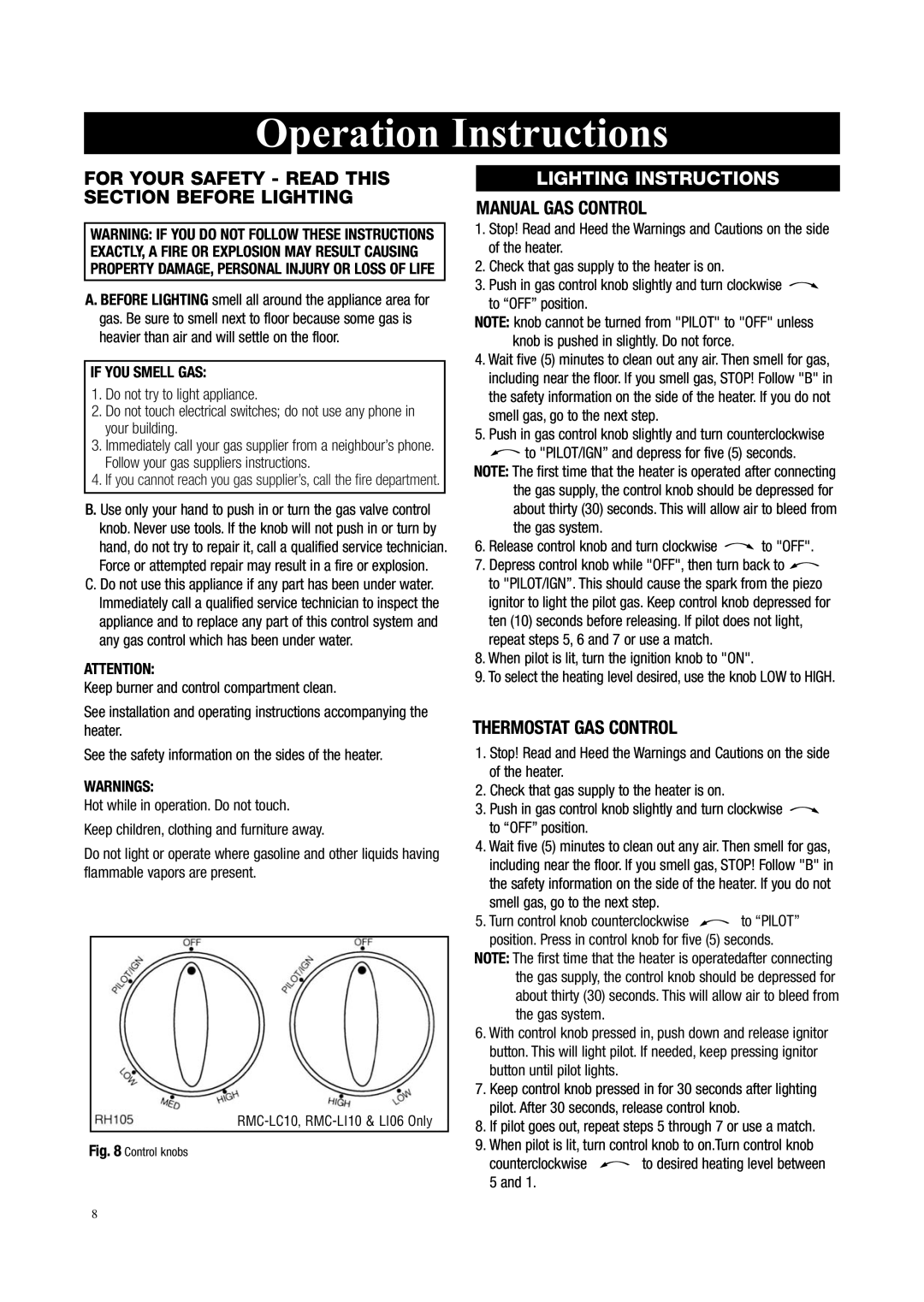 Storageflex (F), RMC-LC10LP - 10 Lighting Instructions, Push in gas control knob slightly and turn counterclockwise 