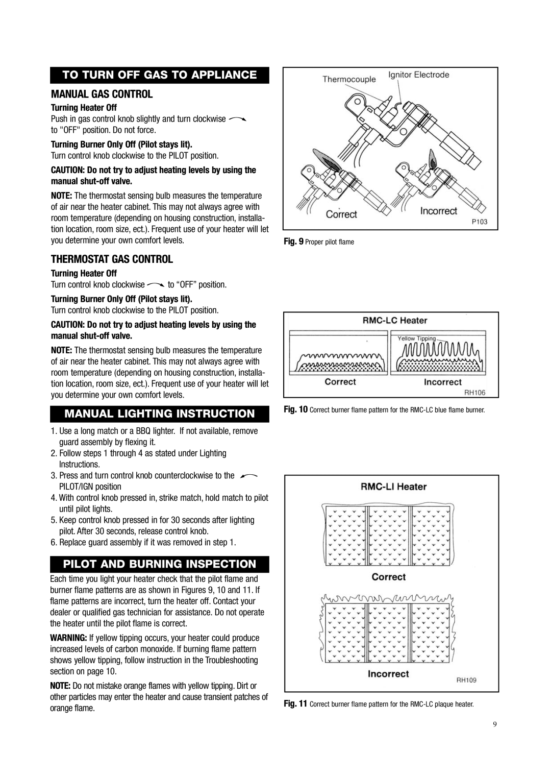 Storageflex RMC-LC20LP(T), (F) - 2 To Turn OFF GAS to Appliance, Manual Lighting Instruction, Pilot and Burning Inspection 