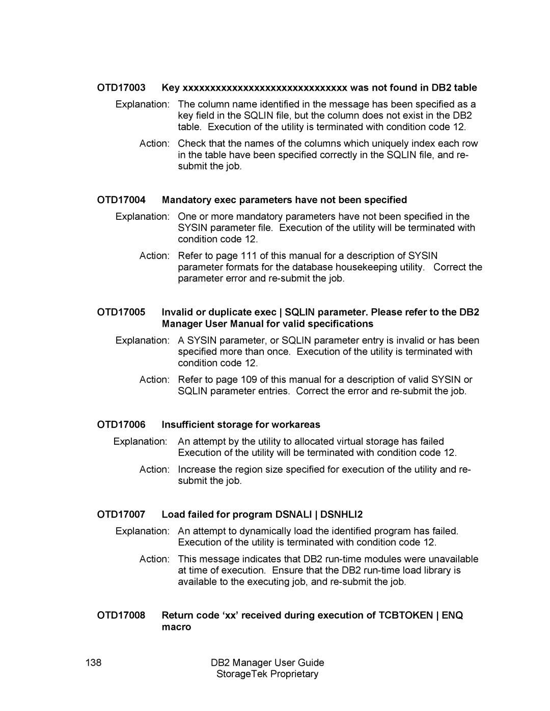 StorageTek 312564001 manual OTD17004 Mandatory exec parameters have not been specified 