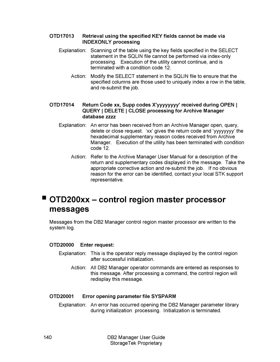 StorageTek 312564001 manual OTD200xx control region master processor messages, OTD20000 Enter request 