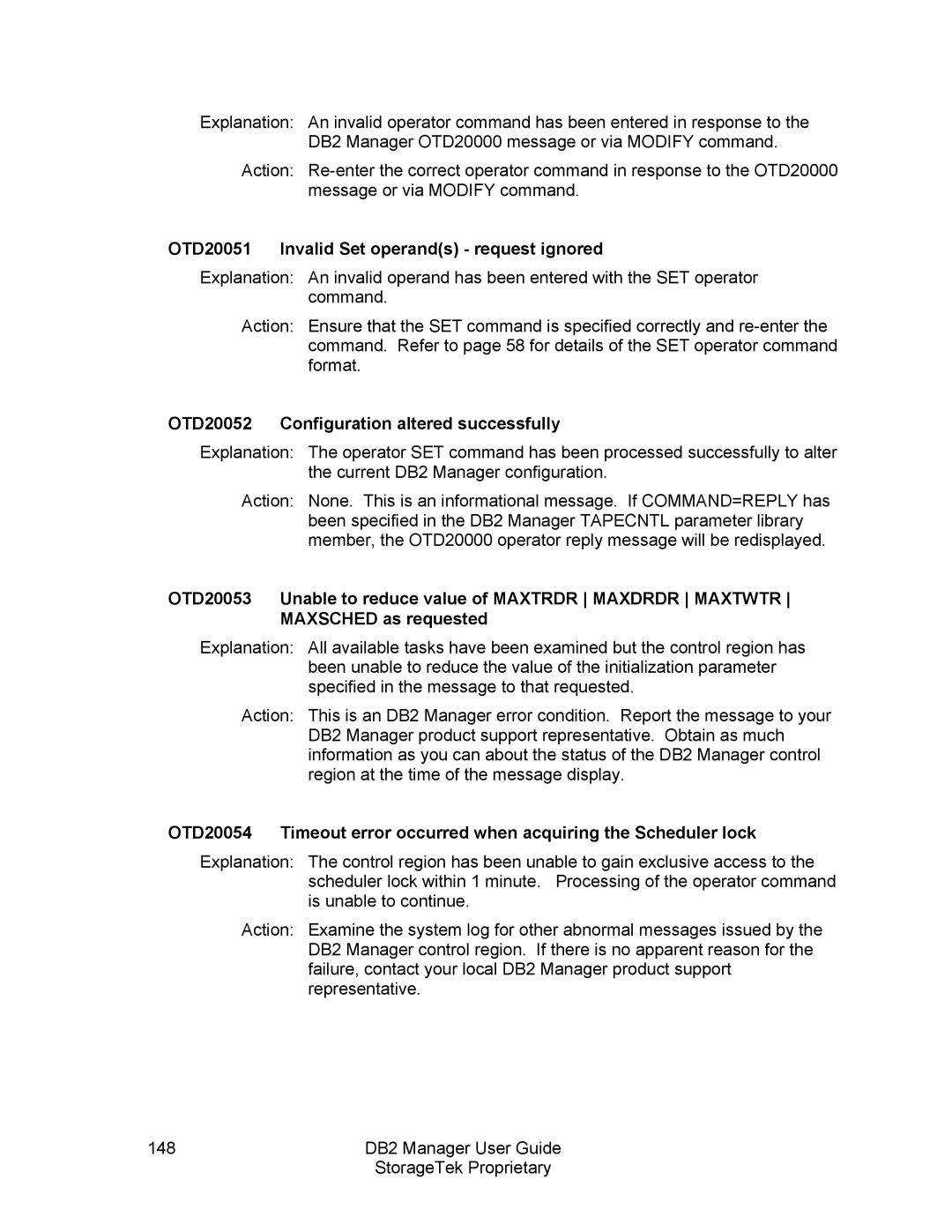 StorageTek 312564001 manual OTD20051 Invalid Set operands request ignored, OTD20052 Configuration altered successfully 