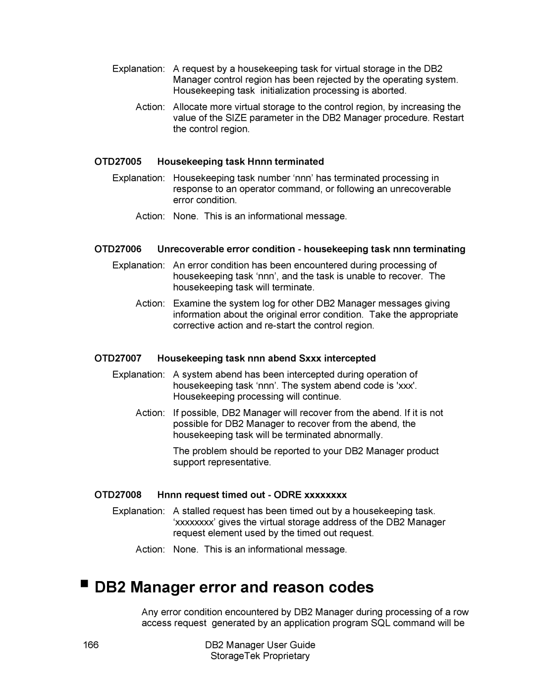 StorageTek 312564001 manual DB2 Manager error and reason codes, OTD27005 Housekeeping task Hnnn terminated 