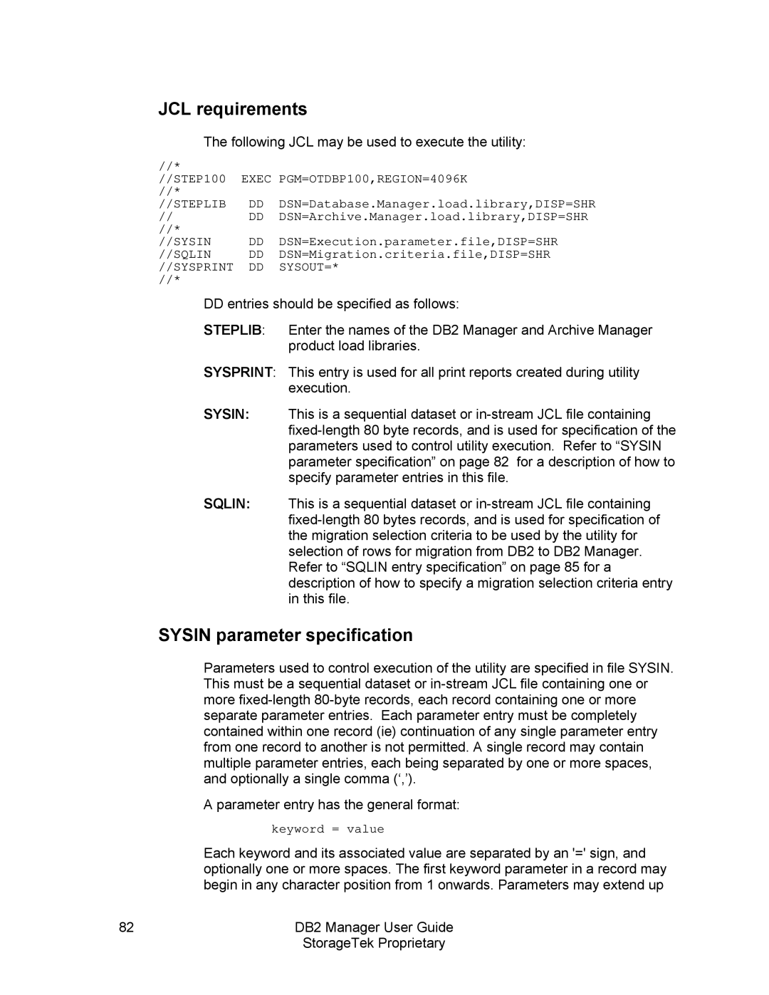 StorageTek 312564001 manual JCL requirements, Sysin parameter specification 