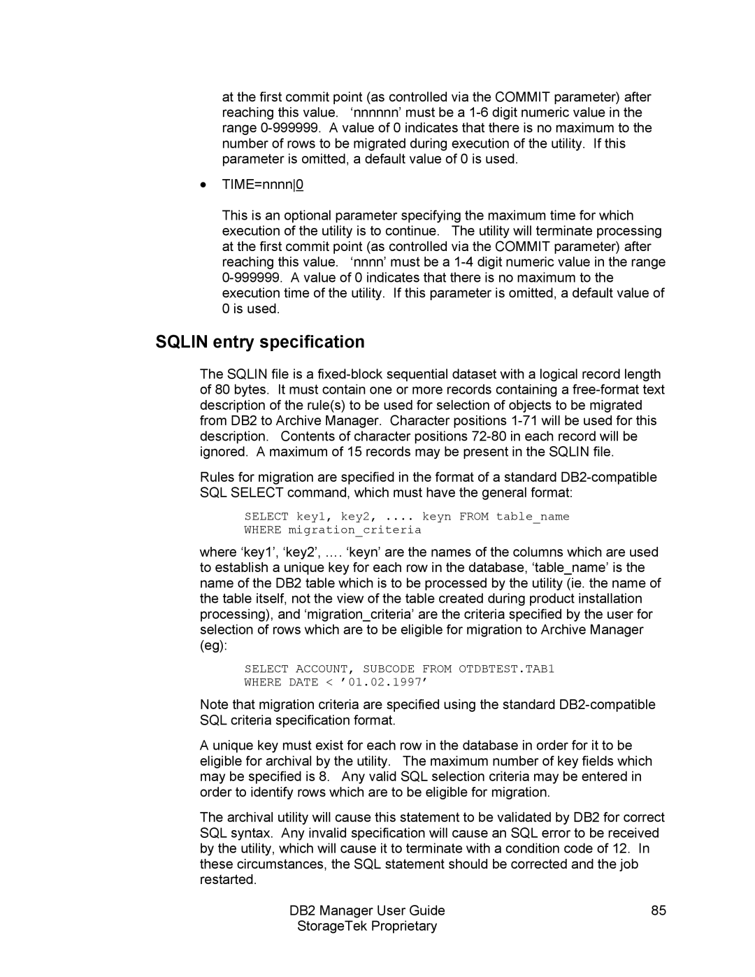 StorageTek 312564001 manual Sqlin entry specification 