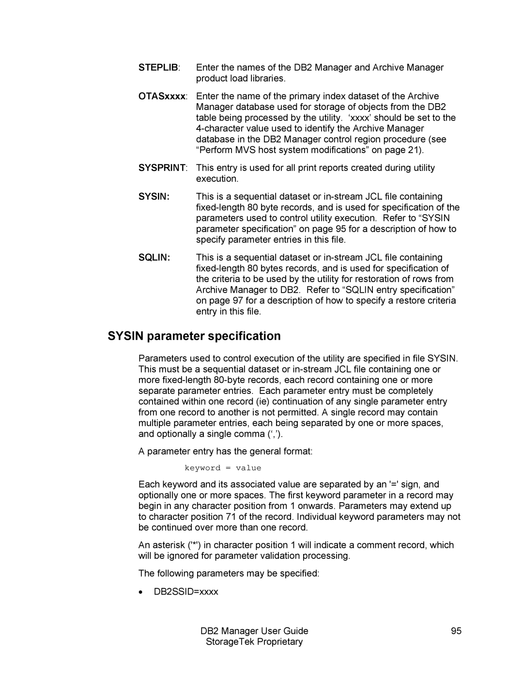 StorageTek 312564001 manual Sysin parameter specification 