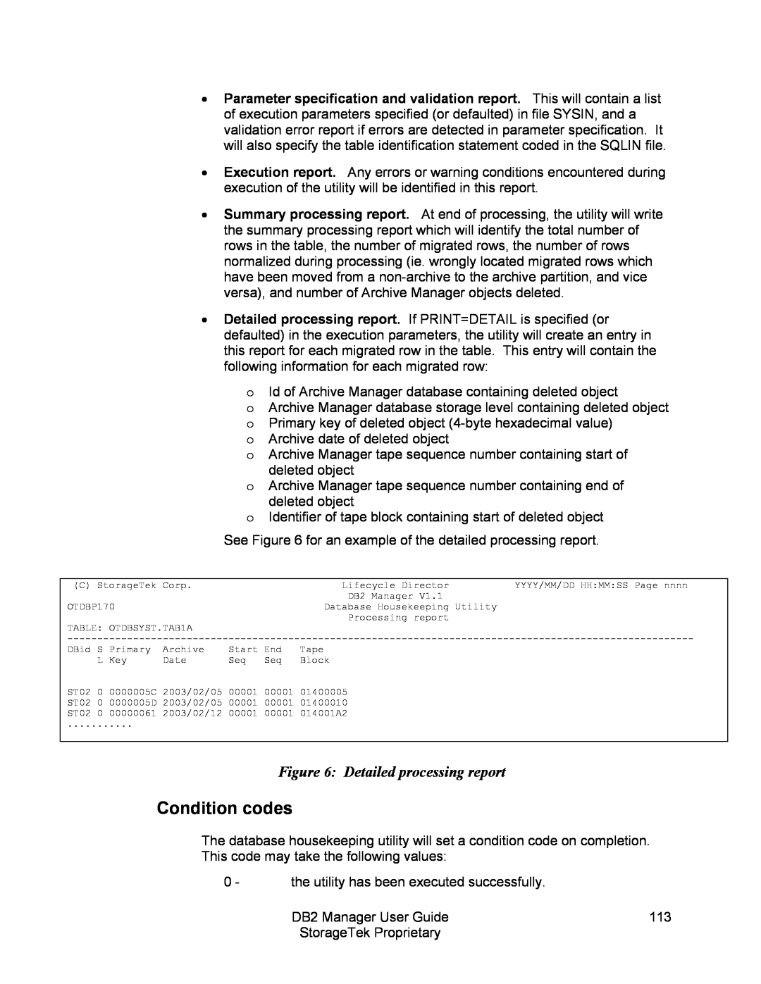 StorageTek 312564001 manual Detailed processing report, Condition codes 