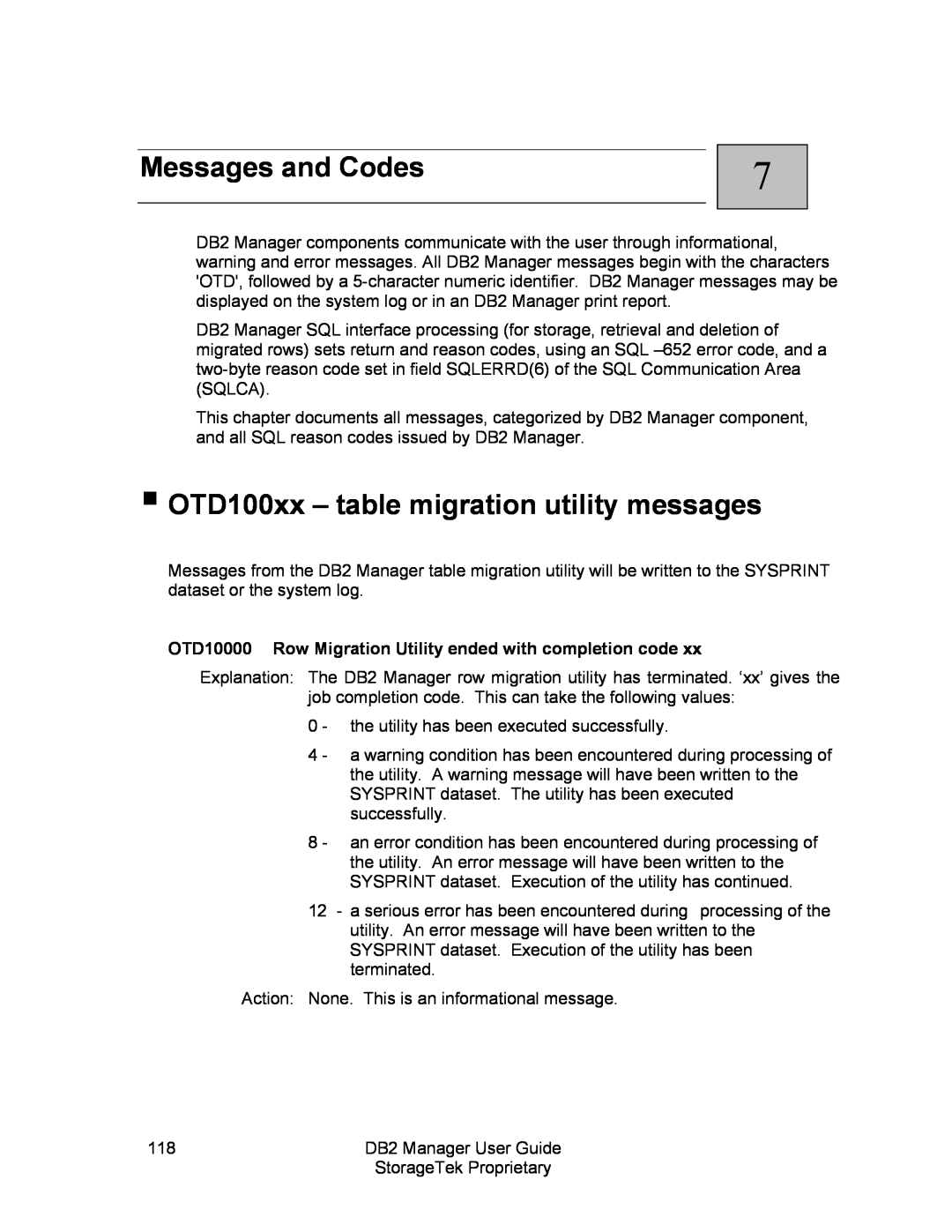 StorageTek 312564001 manual Messages and Codes, OTD100xx – table migration utility messages 