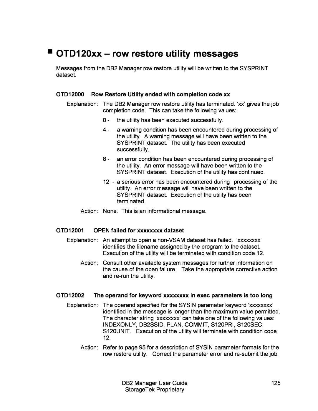 StorageTek 312564001 manual OTD120xx – row restore utility messages 